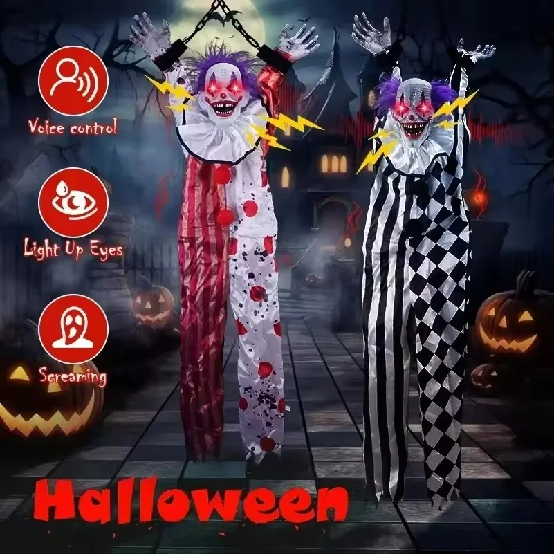 Rekwizyty na imprezę Halloween: animowany, wiszący klaun z łańcuchem, świecącymi oczami i straszliwym dźwiękiem, idealny do dekoracji domu strasznego lub ogrodu.