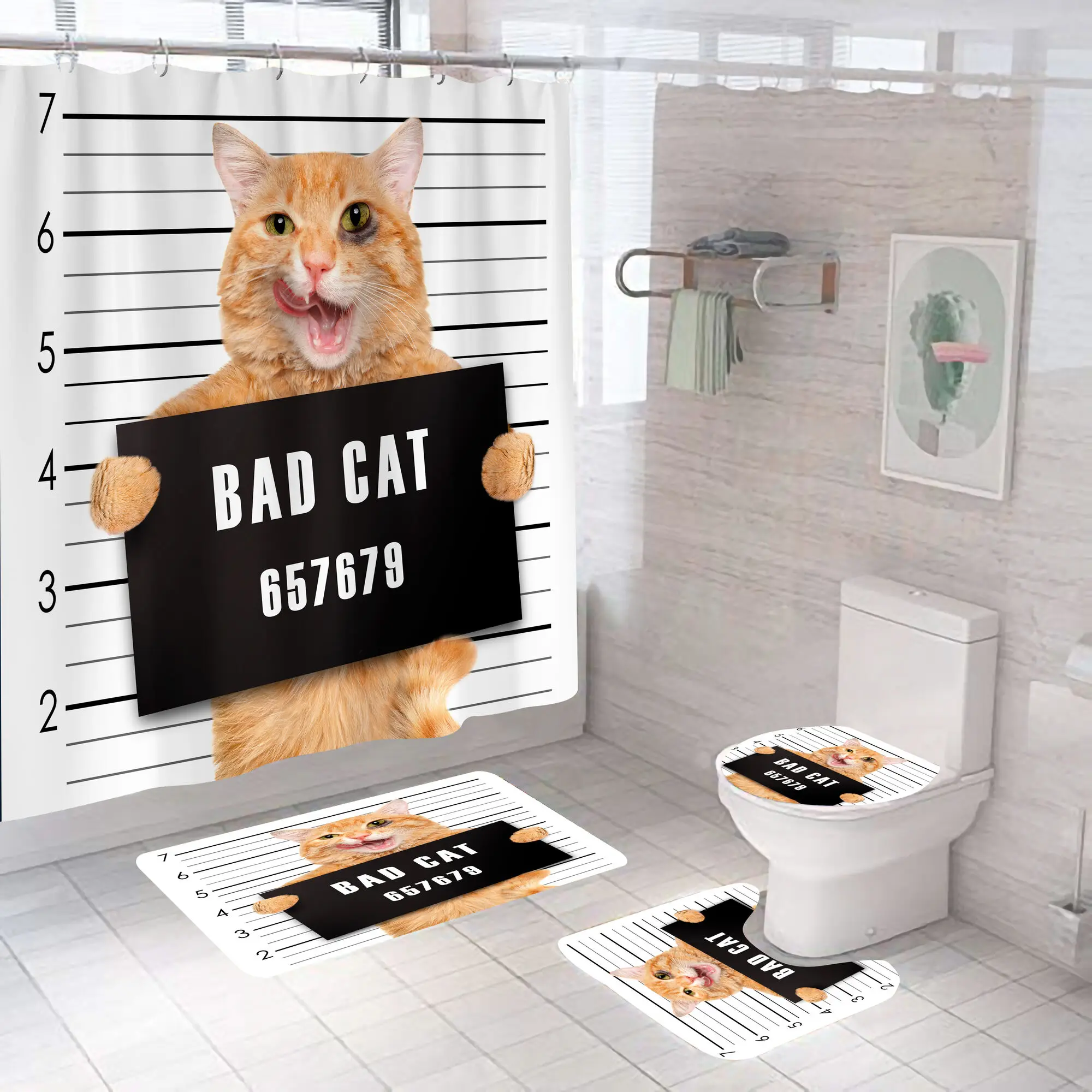 Cartoon Katze Duschvorhang Set Tier Schwarz Wasserdicht Bad Wc Deckel Sitzbezug Bad Rutschfeste Matte Teppich Badezimmer Decot Abdeckung – Detail 9