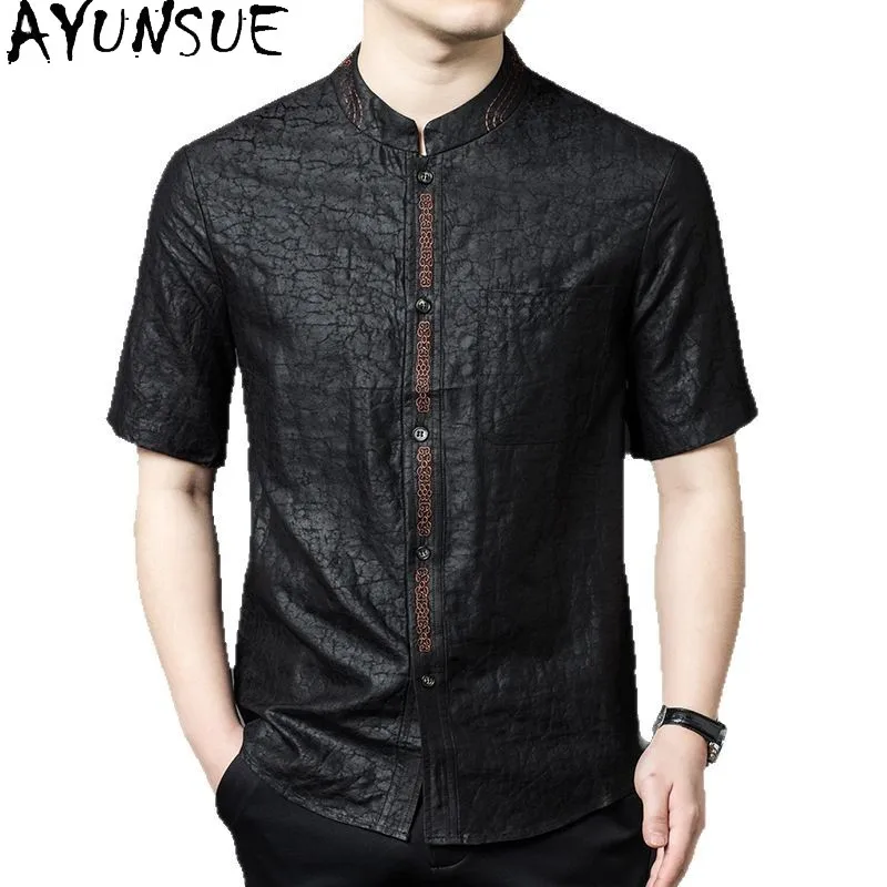 

AYUNSUE 100% Натуральная шелковая рубашка из тутового шелкопряда для мужчин, коллекция 2026, роскошная летняя рубашка из марлевого шелка, модная мужская рубашка с вышивкой, новинка