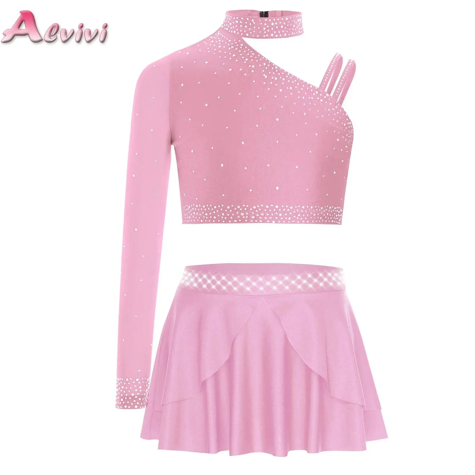 

Girls Modern Lyrical Dance Dress Asymmetrical Shoulder Crop Top with Mesh Skirt Set Rhinestones Ballet Figure Skating Dancewear