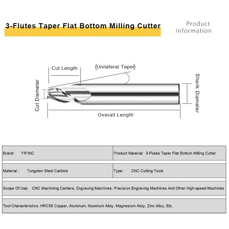 YIFINO HRC55 텅스텐 스틸 카바이드 테이퍼 밀링 커터, 알루미늄 엔드 밀 슬로프 CNC 머시닝 센터 도구, 3 플루트