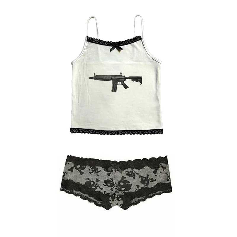 Camiseta sin mangas de encaje gótico Rock Y2k, ropa informal con estampado gráfico de pistola Harajuku, Top sin mangas Punk Retro con tirantes picantes para chicas, top corto de Hip Hop