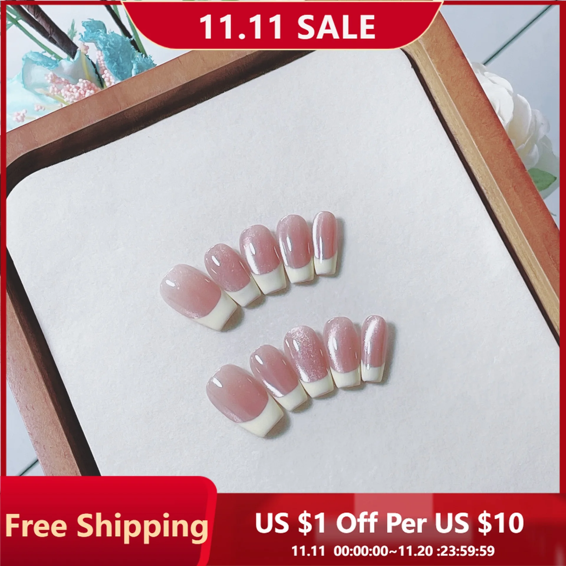 

10 шт./компл., классический французский розовый набор ногтей «кошачий глаз», накладные ногти квадратной формы средней длины, однотонные глянцевые ногти для вечеринки