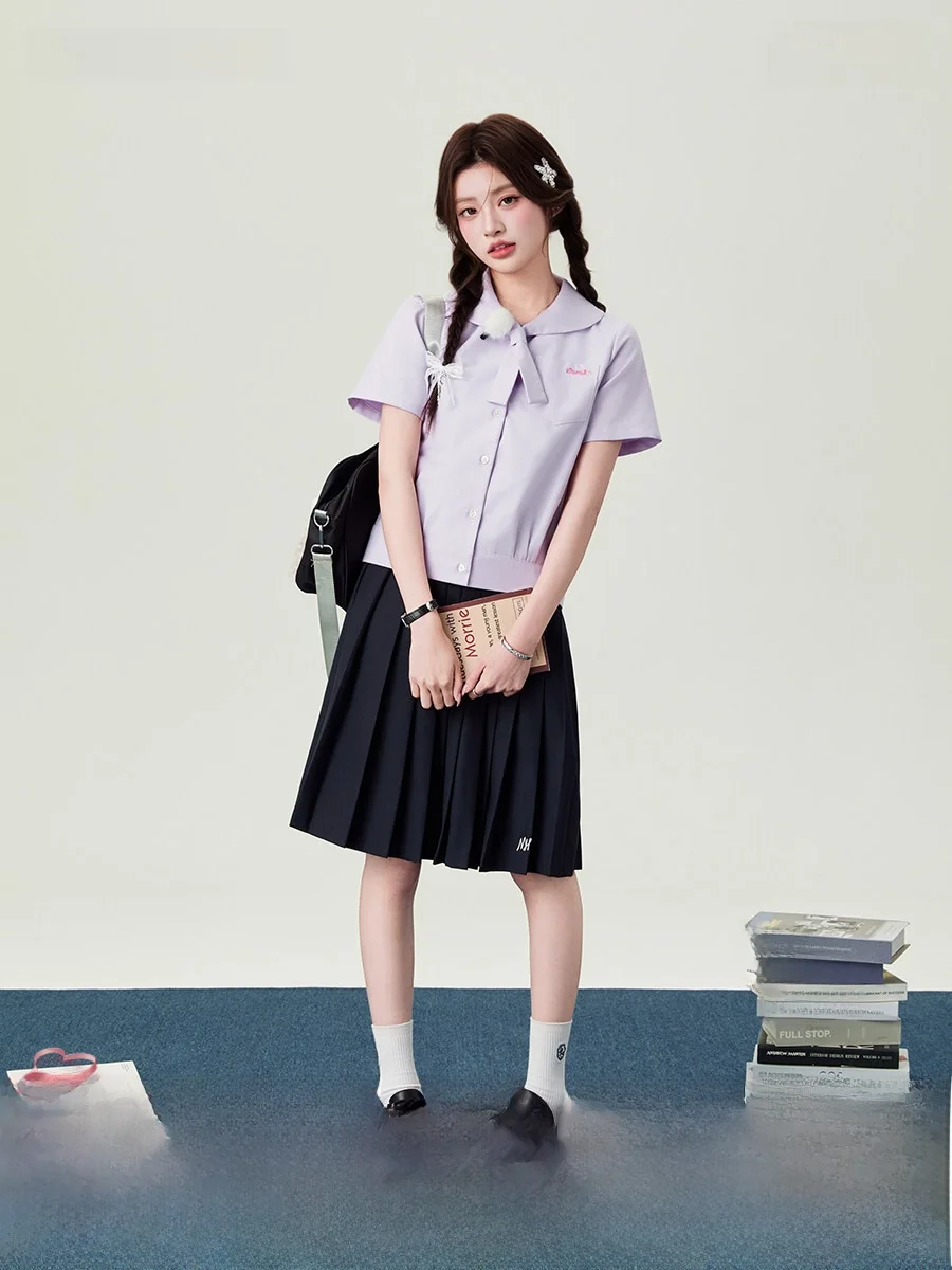 

Госпожа. Комплект школьной формы Flower Bell 2026: Новая модель, рубашка с коротким рукавом и воротником «Питер Пэн», женский галстук, фиолетовый, весенний сезон