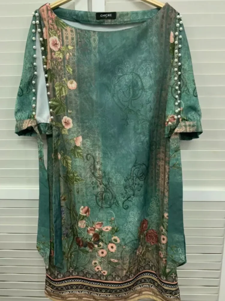 Frauen Floral Print Split Ärmeln Perlen Dekor Mini Kleid Neue Frühling Sommer Halbarm Kurze Beiläufige Lose Kleider Femme Robe