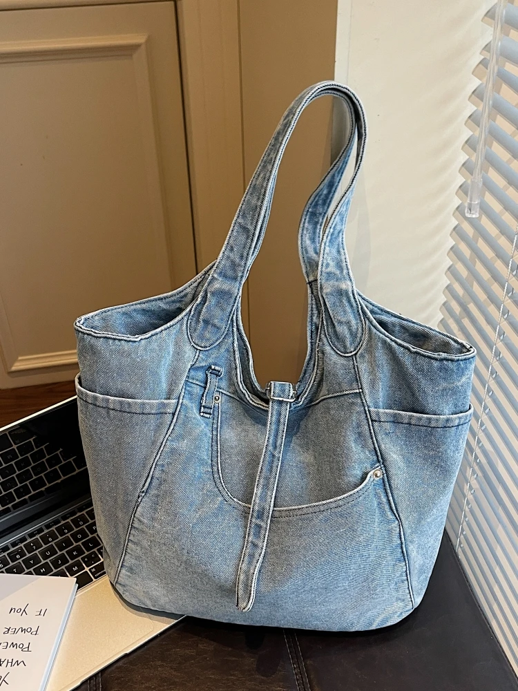 Large Capacity Denim Shoulder Bag Women's Handheld Tote Commuting Versatile College Students' Class Briefcase 2026 New Style