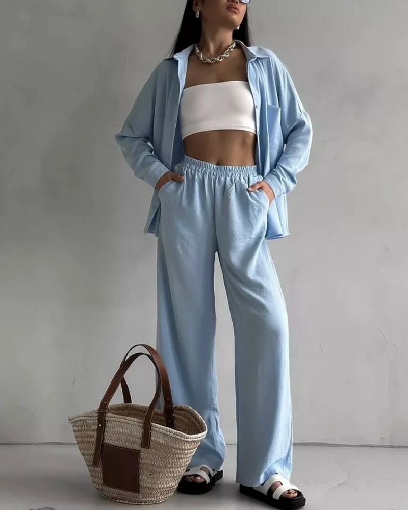 

2025 Spring Summer Women's New Long Cotton And Hemp Casual Two Piece Set Shirt+Wide Leg Pants And Shorts