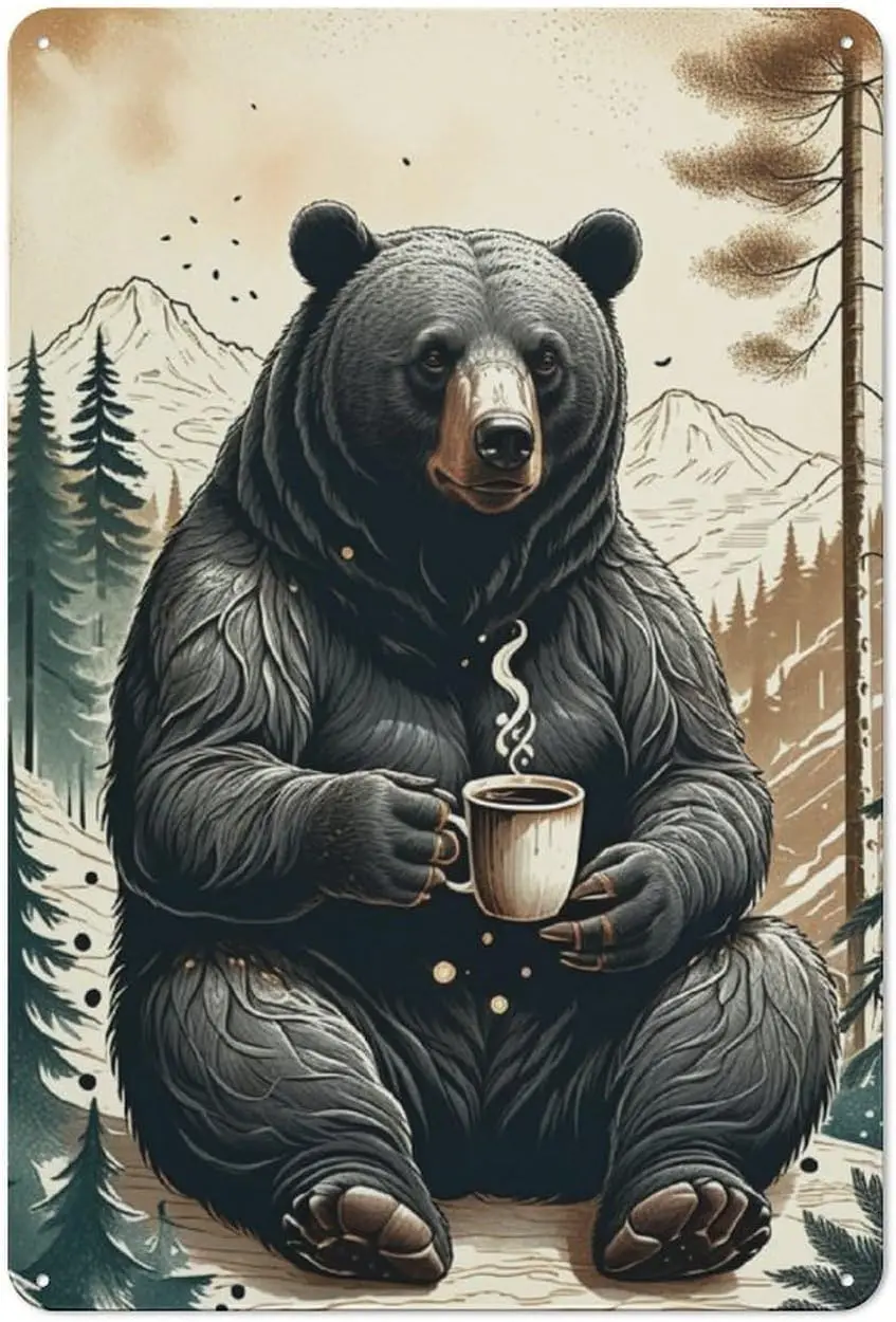 Y1,Rustic Lodge Cabin Wall Decor Vintage Wilderness Bear Cafe Metal Tin Signs,Bear,Mountain,Coffee-Inspired Art for Creatin