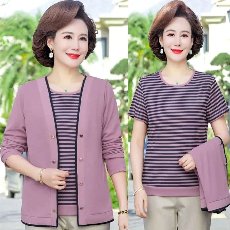 Middle-Aged Women\'s Cardigans 2PCS Spring Autumn Knitted Sweater New Two-Piece Set Fashion Stripe Pullover T-Shirts Mother Suits