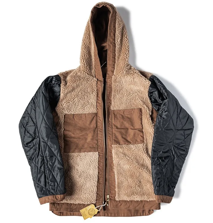 Japanese Outdoor Vintage Couple Hooded Cotton Jacket with Lamb Wool Windproof and Warm Canvas Parkas Coat