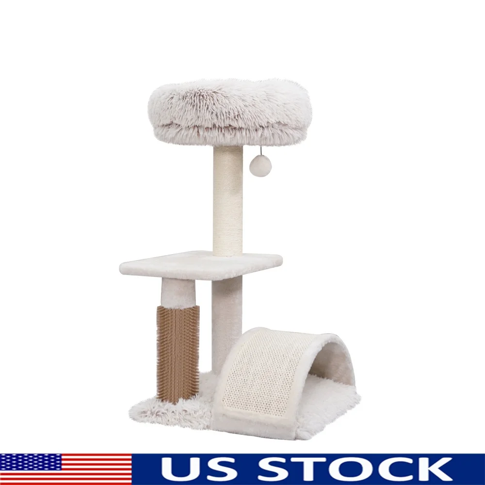 3-Level Cat Tree with Scratching Post Plush Sofa Bed Grooming Brush Teaser Toy Space Saving Design Cats