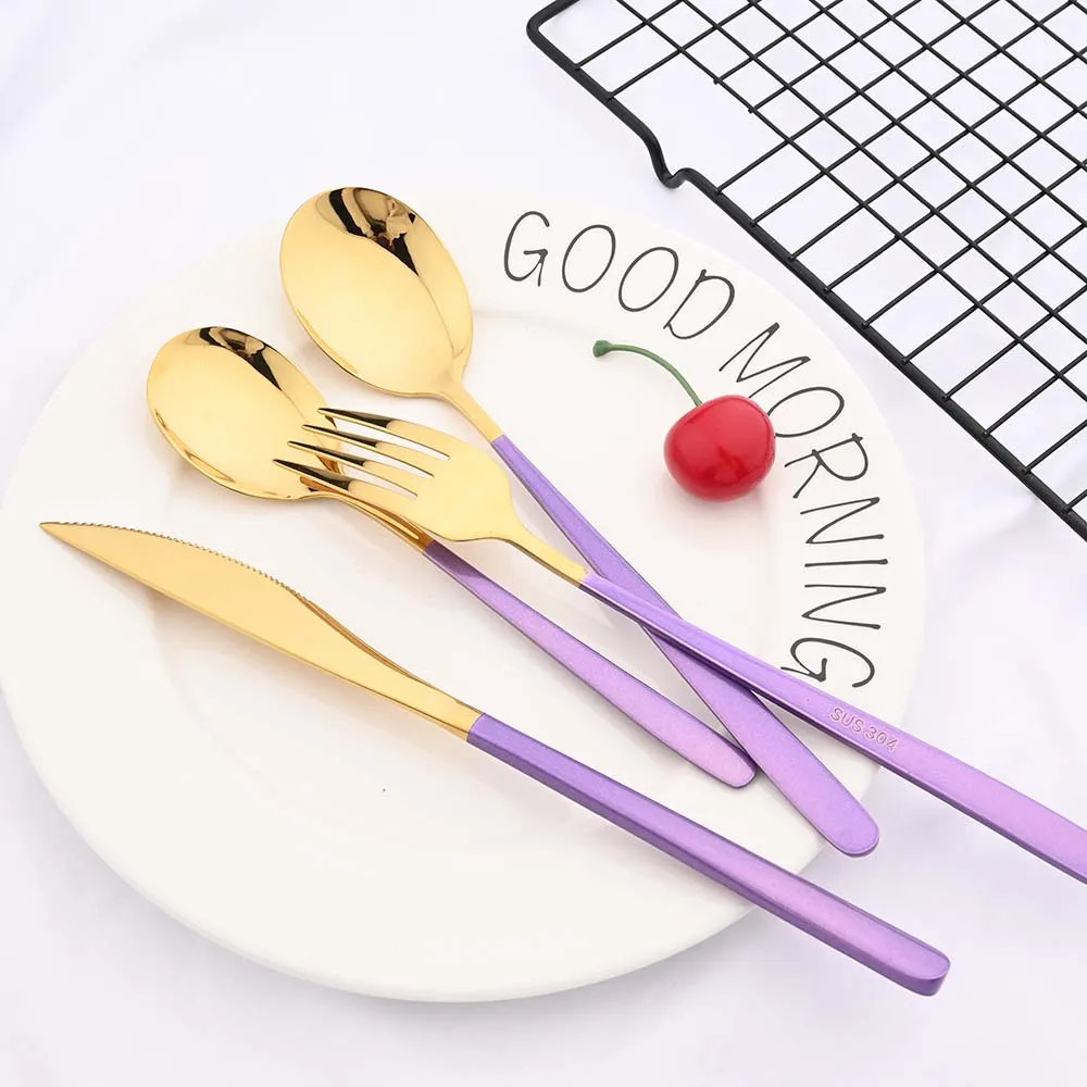 6Set Purple Dinnerware Cutlery Set 304 Stainless Steel Gold Dinner Knife Dessert Spoon Fork Flatware Set Tableware Wedding Gift