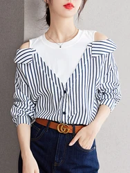 Autumn New Fake Two Pieces Vertical Stripes Shirt Women Off Shoulder Loose Commute Comfortable Casual T-shirt Long Sleeve Tops