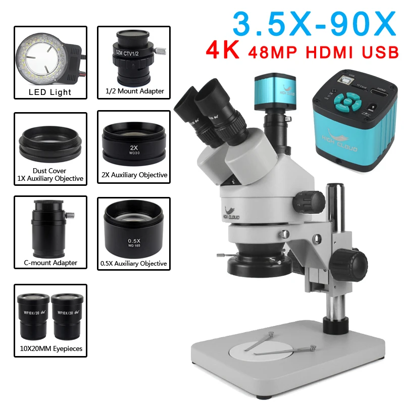 7X-45X 3.5X-90X Simul-Focal Zoom Stereo Trinocular Microscope HDMI USB Microscope Camera Set 0.5x 2.0x Auxiliary Objective Lens