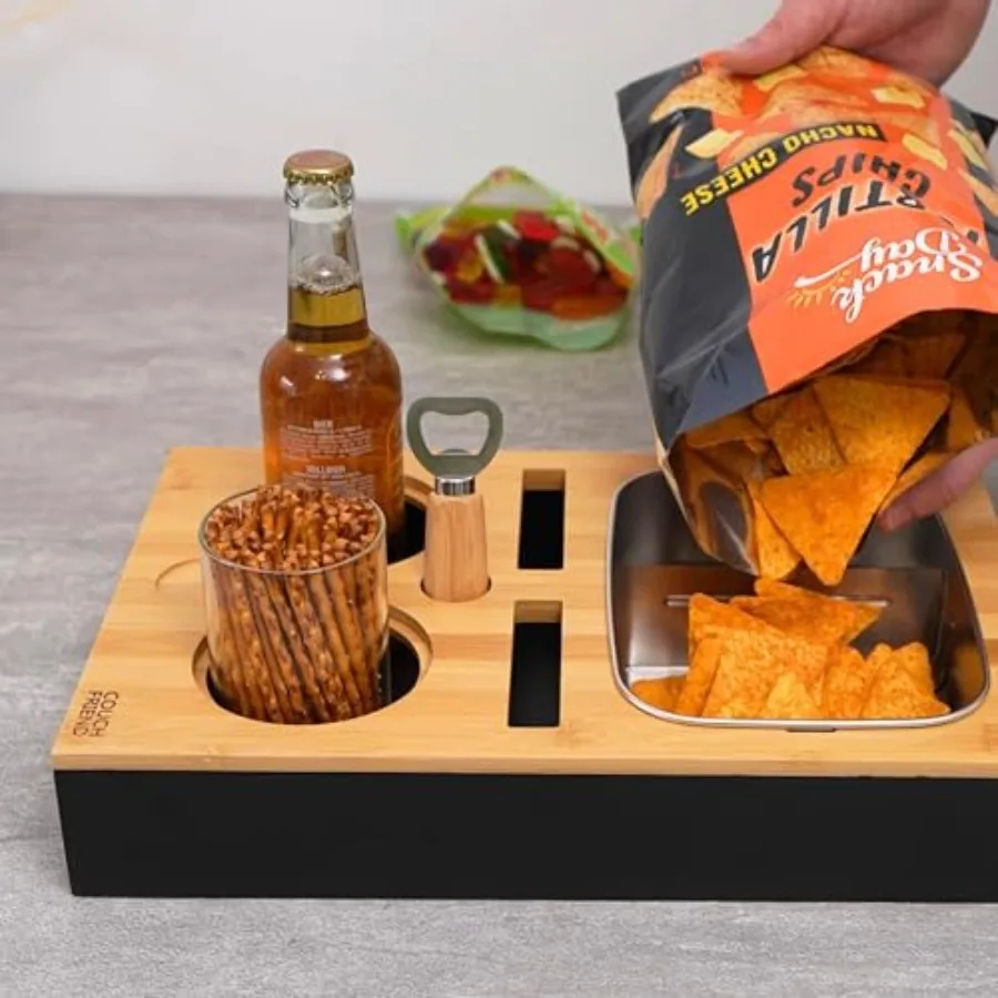 ® Couch Caddy - Couch Console Anti-Spill Drink and Cup Holder Snack Organizer Tray for Sofa Bottle Opener