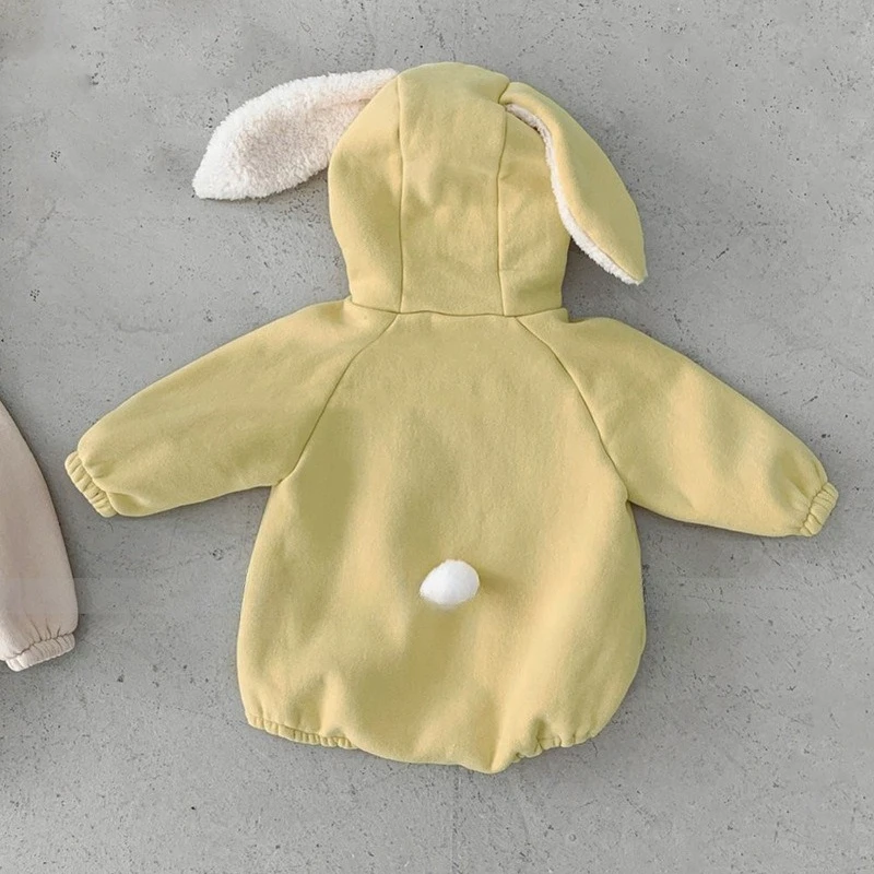 2026 New Fashion Kids Winter Fleece Romper Cute Rabbit Ear Hooded Jumpsuit Climbing Clothes