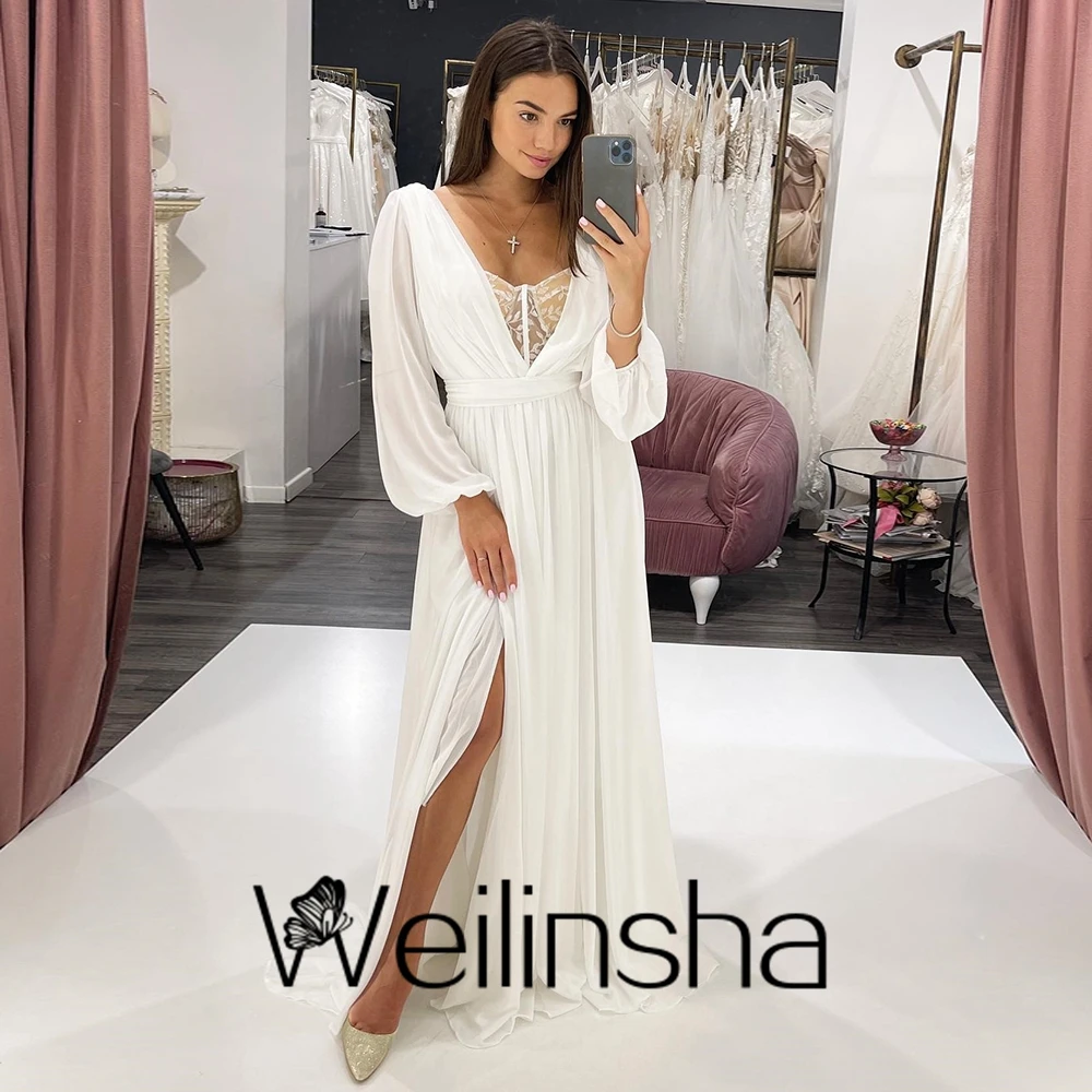 Weilinsha Chiffon Side Split Wedding Dresses V Neck with Lace Pleats Full Sleeve Sweep Bridal Gowns for Guest Vesito De Novia