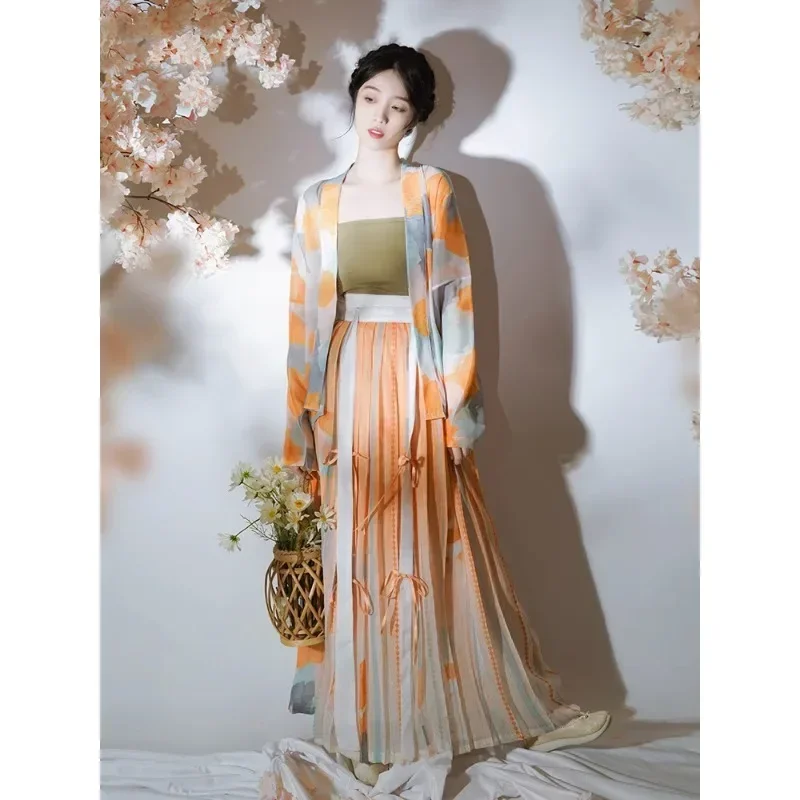 Autumn Sweet Improved Song Dynasty Orange Printed Hanfu 3pcs Women Sweet Princess Carnival Evening Dresses Party Dress Vestidos