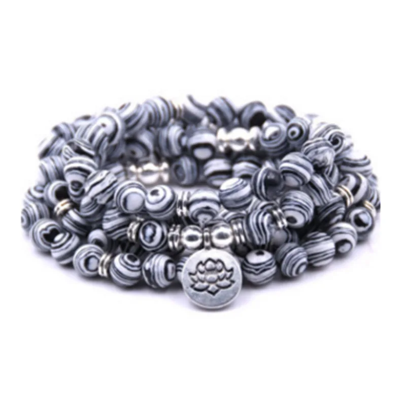 Matte White Black Yoga Bracelet For Men And Women Long Chain Lotus Flower Pendant Stretch Bead Bracelet Jewelry Gift