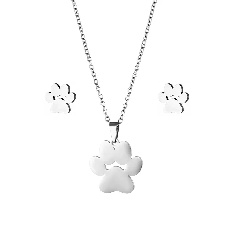 NEW Stainless Steel animal cat dog Pendant Heart earrings Necklace set women Footprint Jewelry Mother\'s Day Gifts Choker TZ95