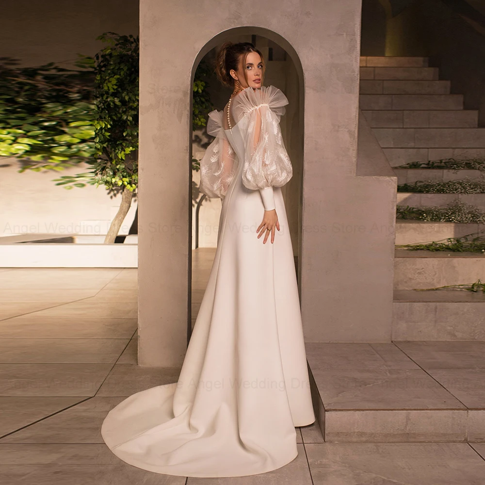 Anjo personalizado elegante sereia vestido de casamento lanterna manga cetim robe de soirée penas rendas trem varredura festa de noiva 2025