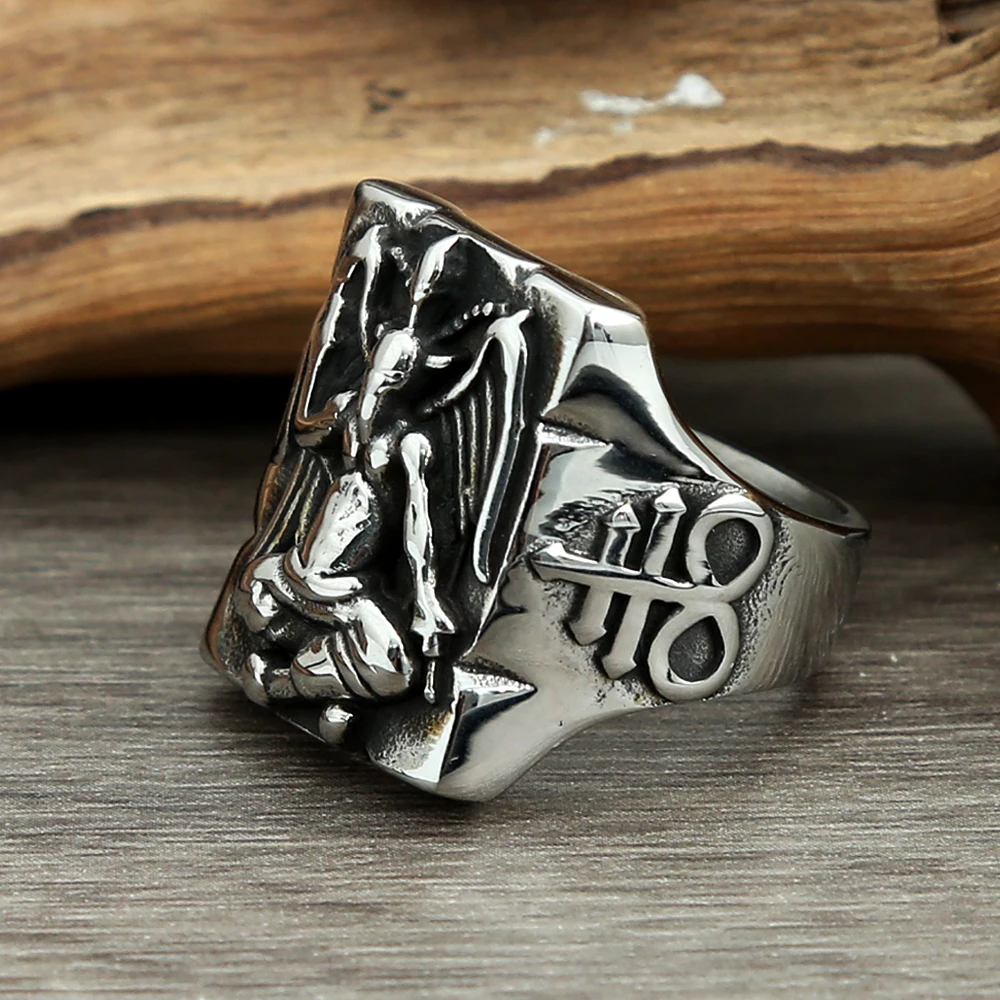 Gothic Seal of Satan Pentagram Sigil Statement Rings for Men Women Stainless Steel Satanic Ring Fashion Punk Biker Jewelry Gift
