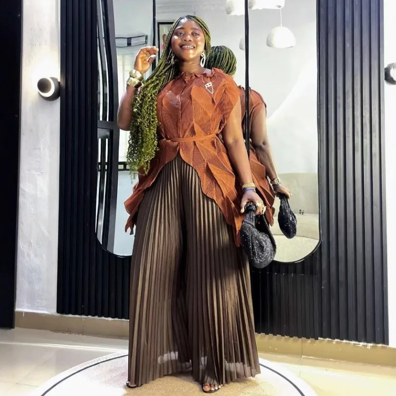 African Pleated Plus Size Women's Miyake Summer Fashion Casual Irregular Top Loose Stretch Straight Wide Leg Pants 2-piece Set