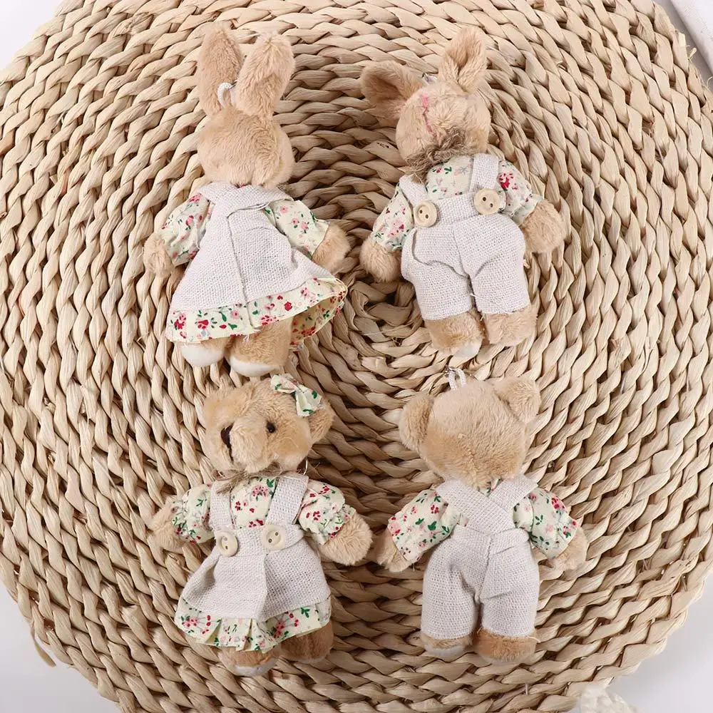 New Couple Bear Rabbit Plush Toy Pendant Cute Linen Bear Keychain Bag Hanging Decoration Claw Doll Car Key Ring Ornaments