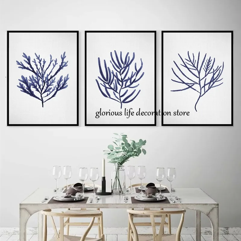 Navy Blue Seaweeds Corals Watercolor Vintage Poster Print Coastal Wall Art Picture Sea Plant Canvas Painting for Room Home Decor