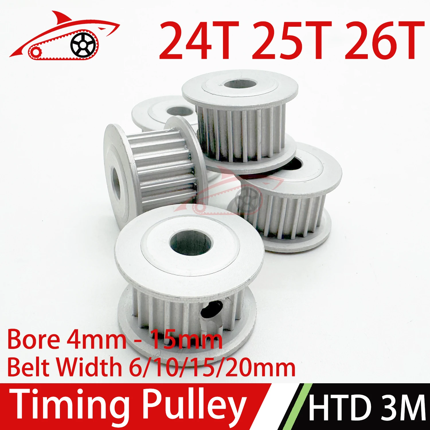 HTD 3M 24Teeth 25Teeth 26Teeth Timing Pulley Bore 4-15mm Belt Width 6/10/15/20mm Synchronous Wheel HTD3M 24T 25T 26T Belt Pulley
