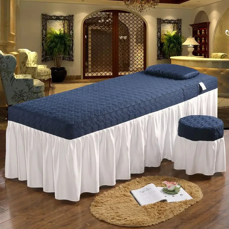 Patchwork 4pcs Beauty Salon Bed Cover Massage Spa Bedskirt, Pillowcase, StoolCover, Dulvet Cover Beddings Sets with Hole