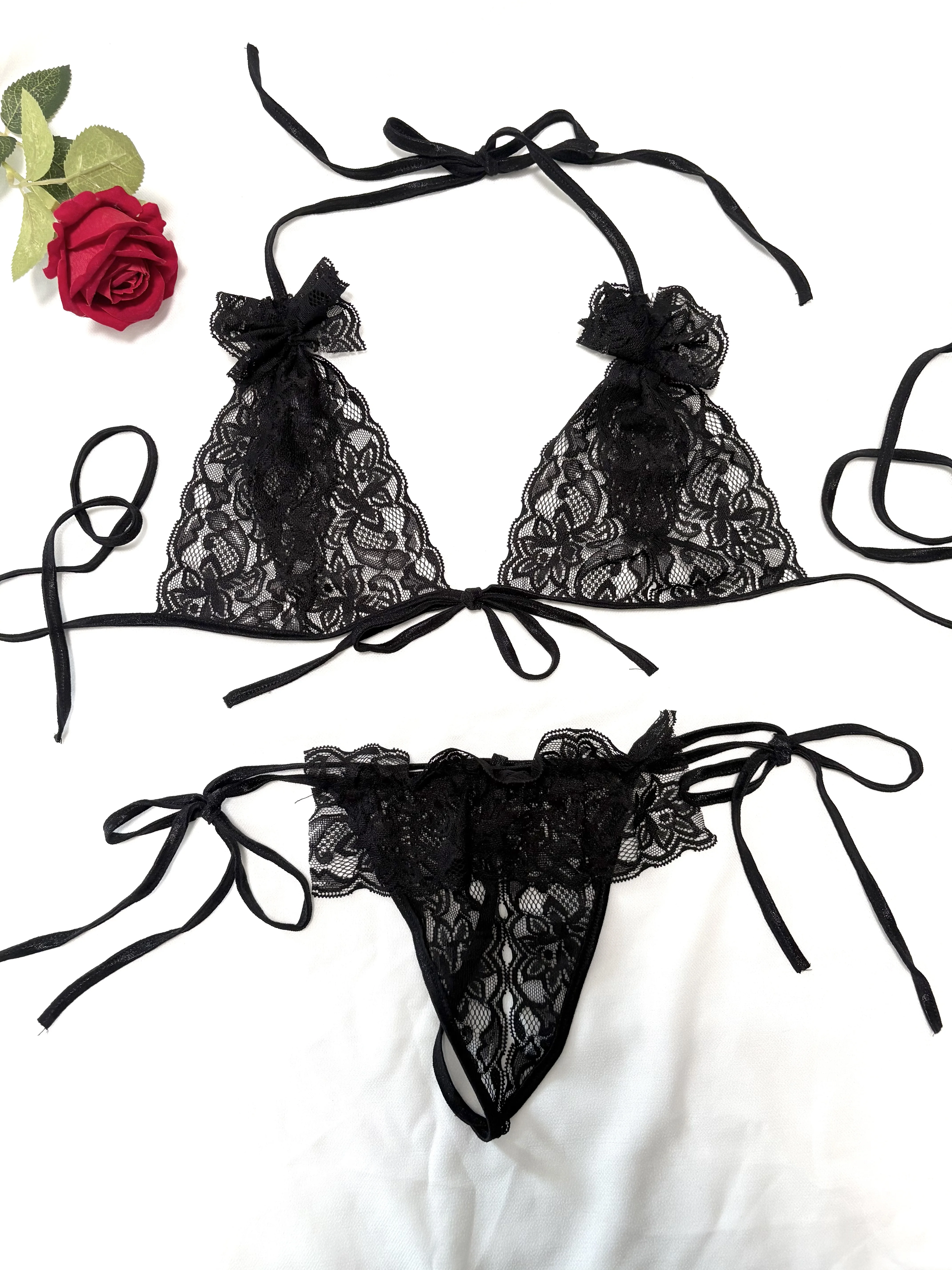 Original Sexy lingerie Women's underwear Lace Backless Crotchless With gloves Set  Bow Strap design Open girl 18XXX Sexy costume