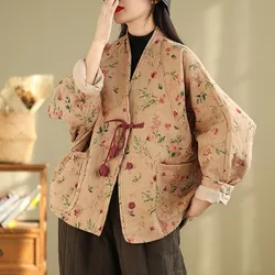 Chinese Style Thick Warm Casual Coats Women New 2024 Autumn Winter Vintage V-neck Floral Print Female Cotton Jackets B2065