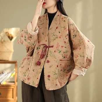 สไตล์จีนหนาสบายๆผู้หญิงใหม่ 2024 ฤดูใบไม้ร่วงฤดูหนาวVINTAGE Vคอดอกไม้พิมพ์หญิงแจ็คเก็ตผ้าฝ้ายB2065