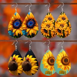 SOMESOOR 1Pair Trendy Sunflower Pattern Water Drop Shaped Earrings For Girls Women Wooden Teardrop Dangle Jewelry Gifts