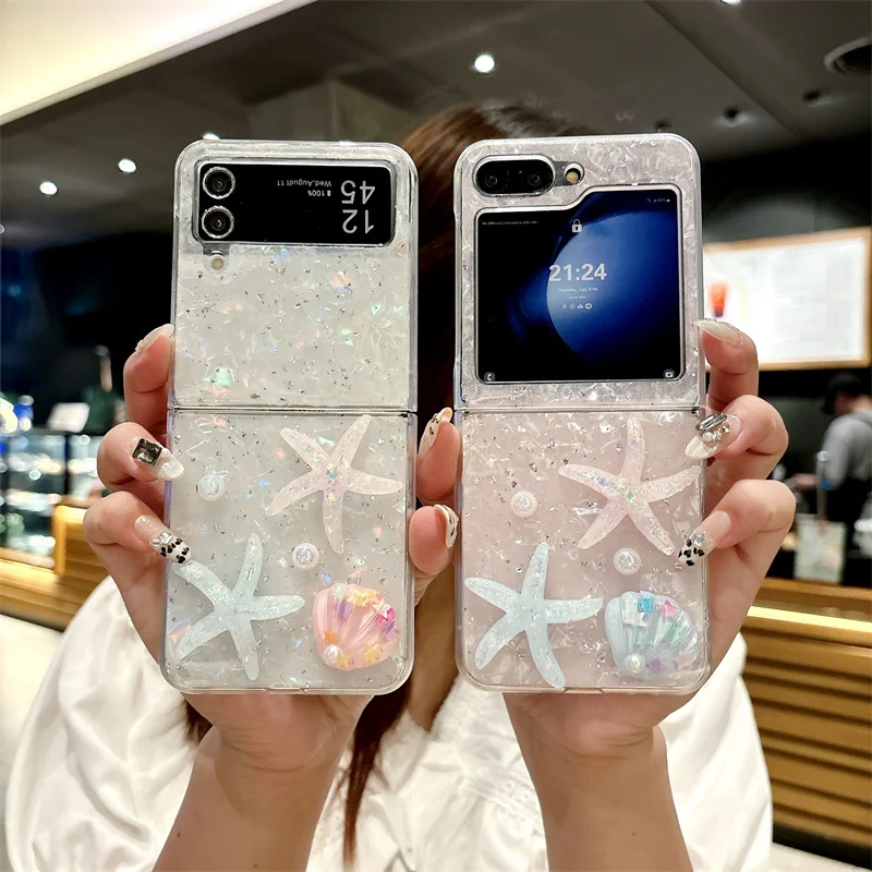 

Luxury glitter 3D starfish shell phone case for Samsung Galaxy Z Flip 6 Z Flip5 3 4 flip6 5 5G cute pearl shockproof cover Capa