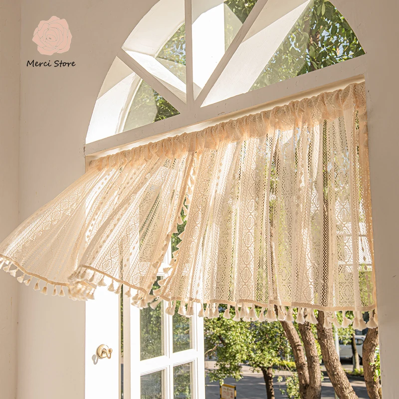 

Boho Curtain Valance for Kitchen Cafe Short Sheer Lace Crochet Curtain Knitted Tassel for Bedroom Vintage Window Treatment Decor