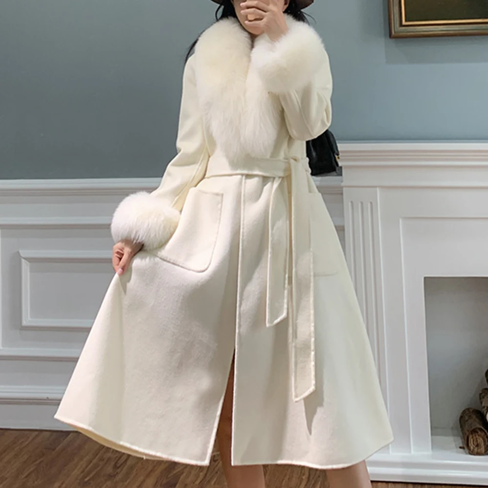 

Winter Women Real Fur Coat Cashmere Wool Jacket Long Natural Fox Fur Collar Detachable Fashion Outerwear Luxury Overcoat