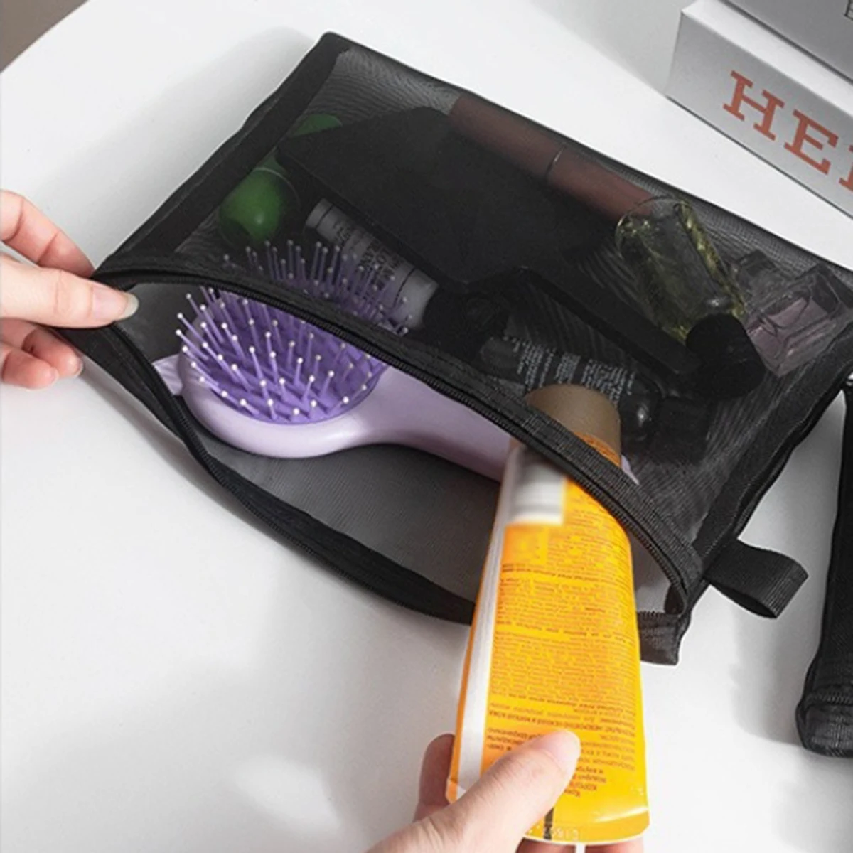 Einfache Reise-Kosmetiktasche aus Netzstoff, Große Toilettenartikel-Aufbewahrungstasche, Tragbare Make-up-Tasche für Geschäftsreisen, 1 Stück – Detail 8