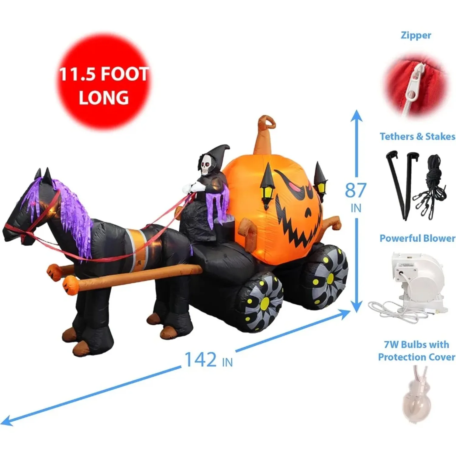 11.5 Foot Long Inflatable Grim Reaper Driving Pumpkin Carriage141.7