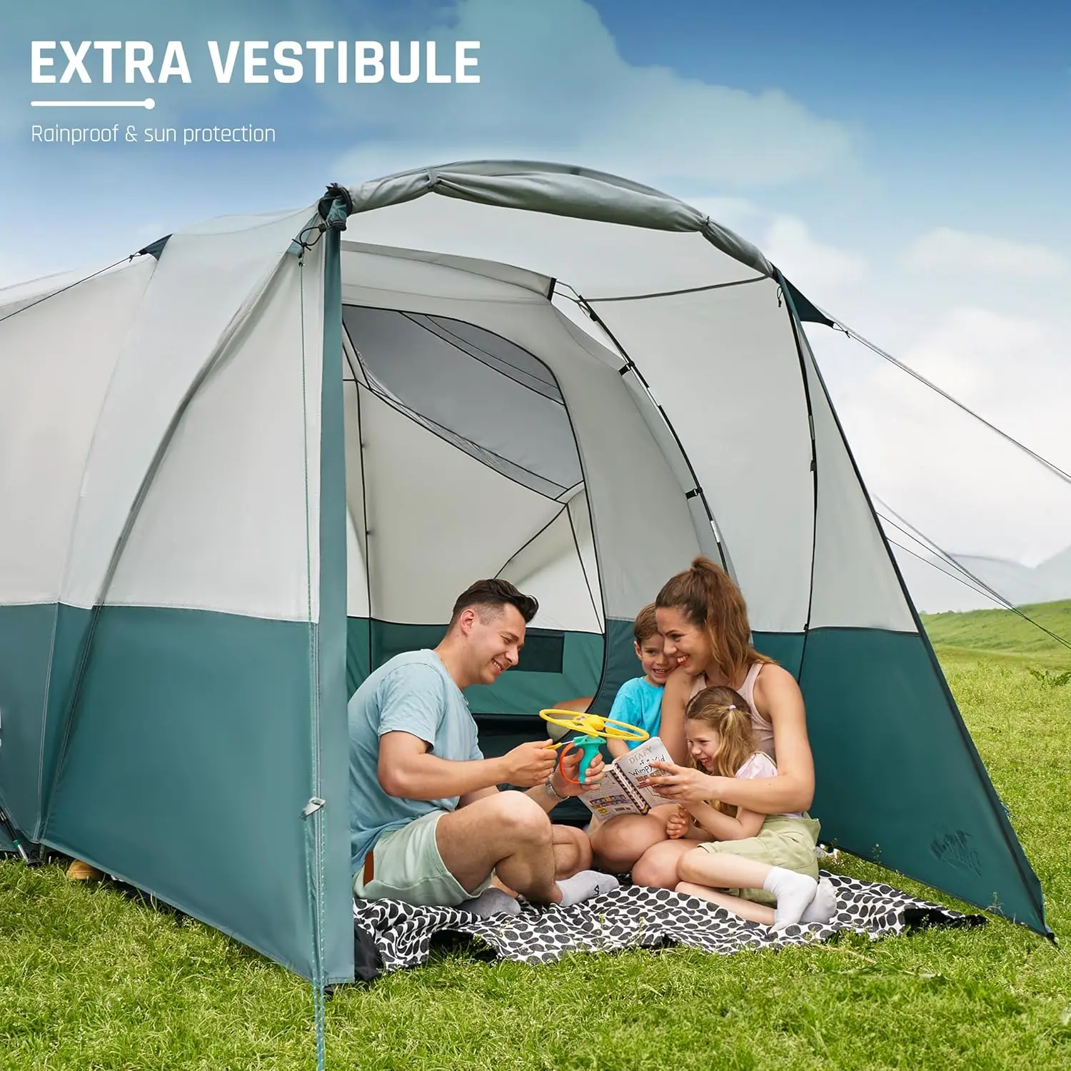 Camping Tent with Porch, Family Tents for Camping, Big Dome Tunnel Tent Includes Rainfly, Easy Setup Large Tents for Outdoor Cam