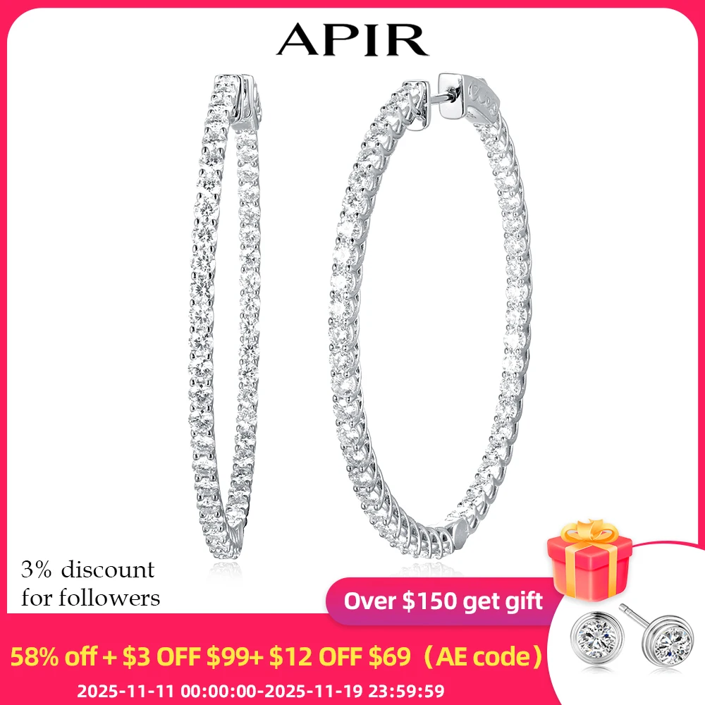 

APIR D Color 50MM Full Moissanite Hoop Earrings for Women 925 Sterling Silver Lab-Created Diamond Big Hoops Party Fine Jewelry