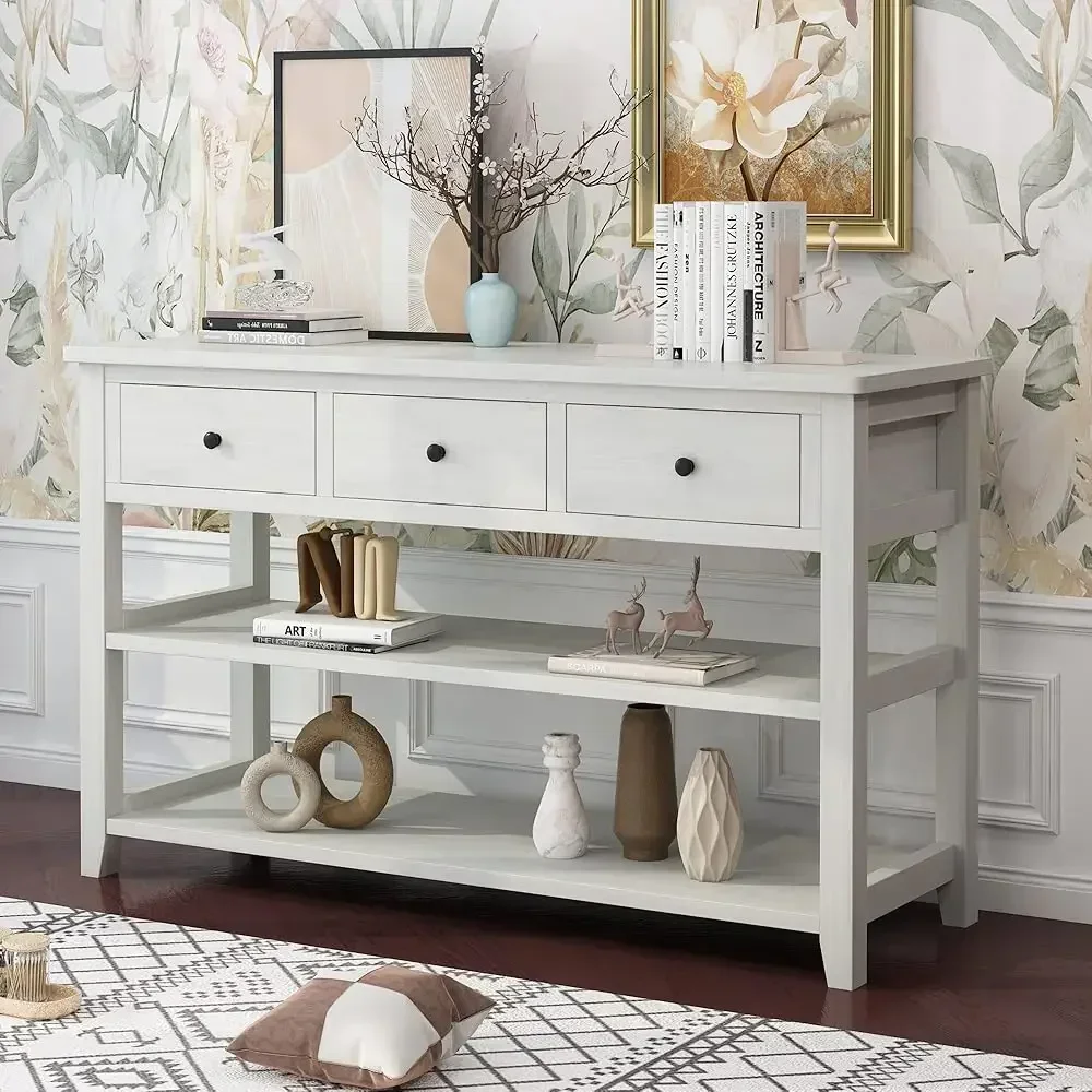 Console Table Entryway Desk, Sofa Side Table With 3 Drawers 2 Bottom Storage Shelves, Vintage Tv Stand For Hallway Living Room