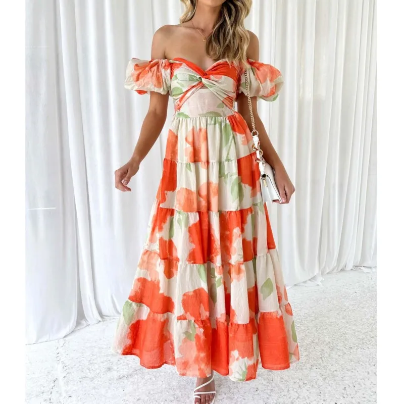 Summer 2025 Women's Holiday Casual Print Dresses Waist-Cinching Bubble Sleeve Maxi Dress Elegant Flared Vestidos Style Clothing
