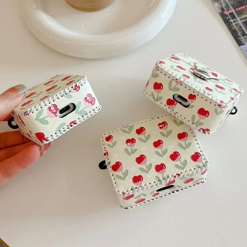 Étui carré en cuir Cortex Tulip Flower pour Apple, housse de protection pour écouteurs, AirPods Pro 2, 1, 2, 3, 2 en 1