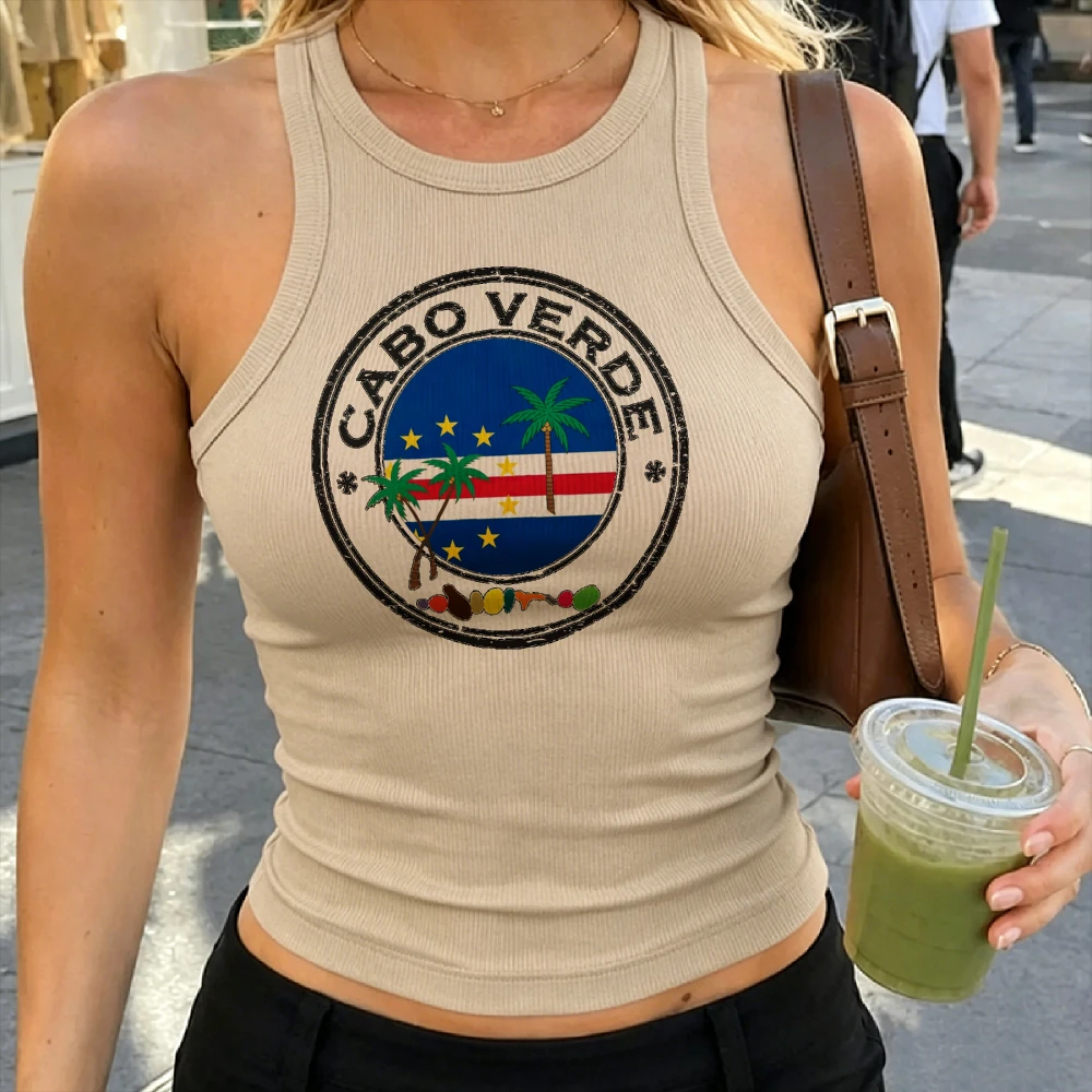 Tropical Beach Harajuku Women Ribbed Crop Tank Distressed Seal Print Cabo Verde Flag Palm & Shell Summer Island Souvenir Vest