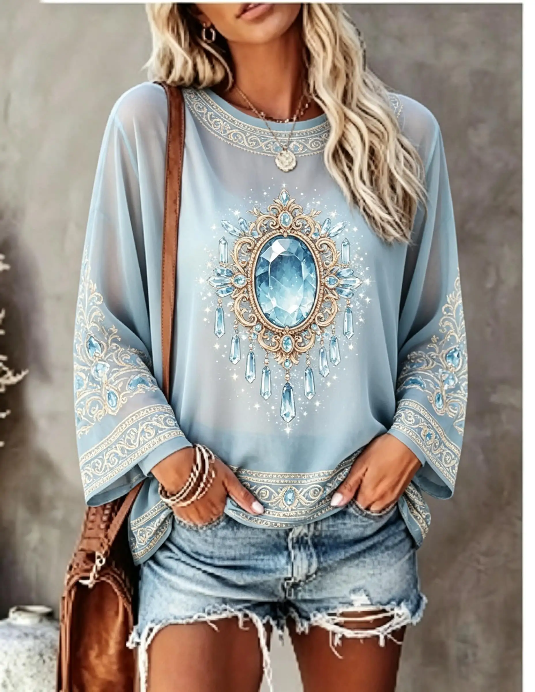 Women Long Sleeve T‑Shirt Mystical Purple Crystal Gemstone Star Bohemian Print Crew Neck Casual Fall Winter Tops