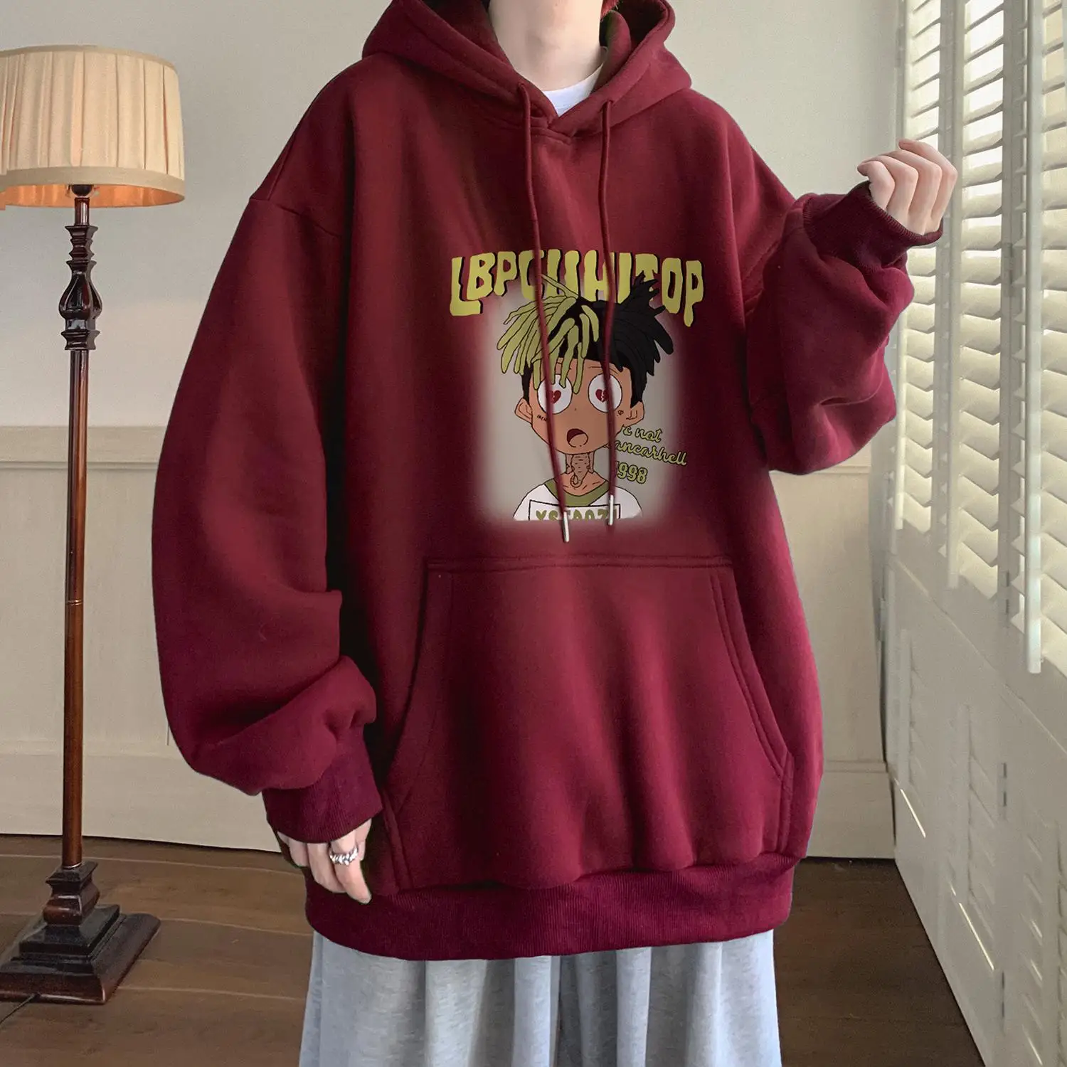 

Мужская толстовка оверсайз цвета красного вина, весенне-осенняя, модная, свободного кроя, плотная, с капюшоном, в американском уличном стиле, ретро, стильная