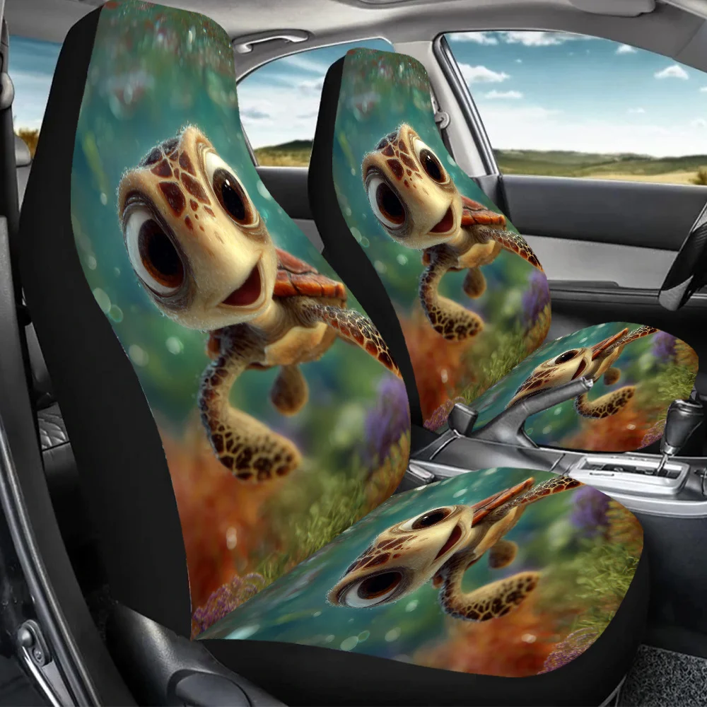 2pcs Sea Turtle Smile Car Seat Covers - Cute Cartoon Turtle Design With Floral & Ocean View, Fit For Cars, SUVs, Sedans - Durabl
