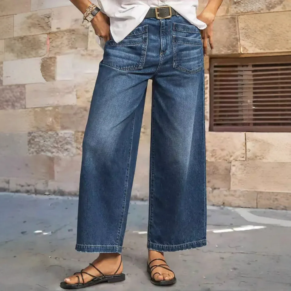 Fall Women's Elastic Waist Wide Leg plus Size Denim Jeans Vintage Washed Frayed Hem Side Pockets Nine-Tenths Length Jeans